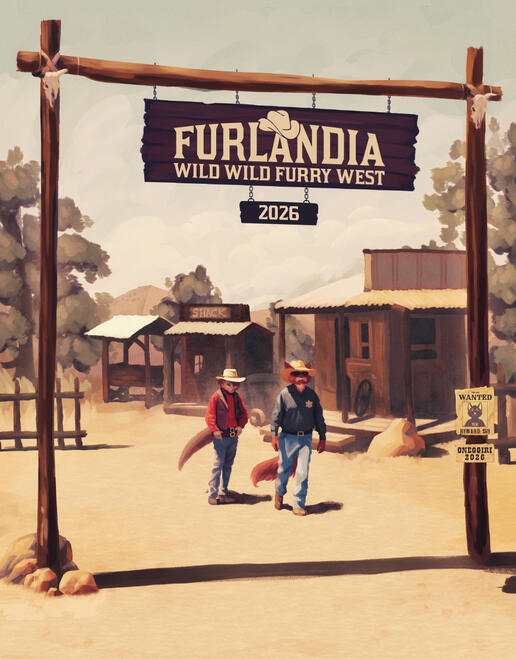 illustration of two furries walking through a wild west town, underneath a sign that reads "Furlandia wild wild furry west 2026" illustration of two furries walking through a wild west town, underneath a sign that reads "Furlandia wild wild furry west 2026"