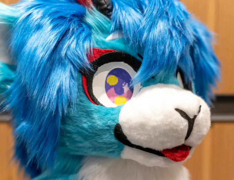 blue goat fursuit closeup